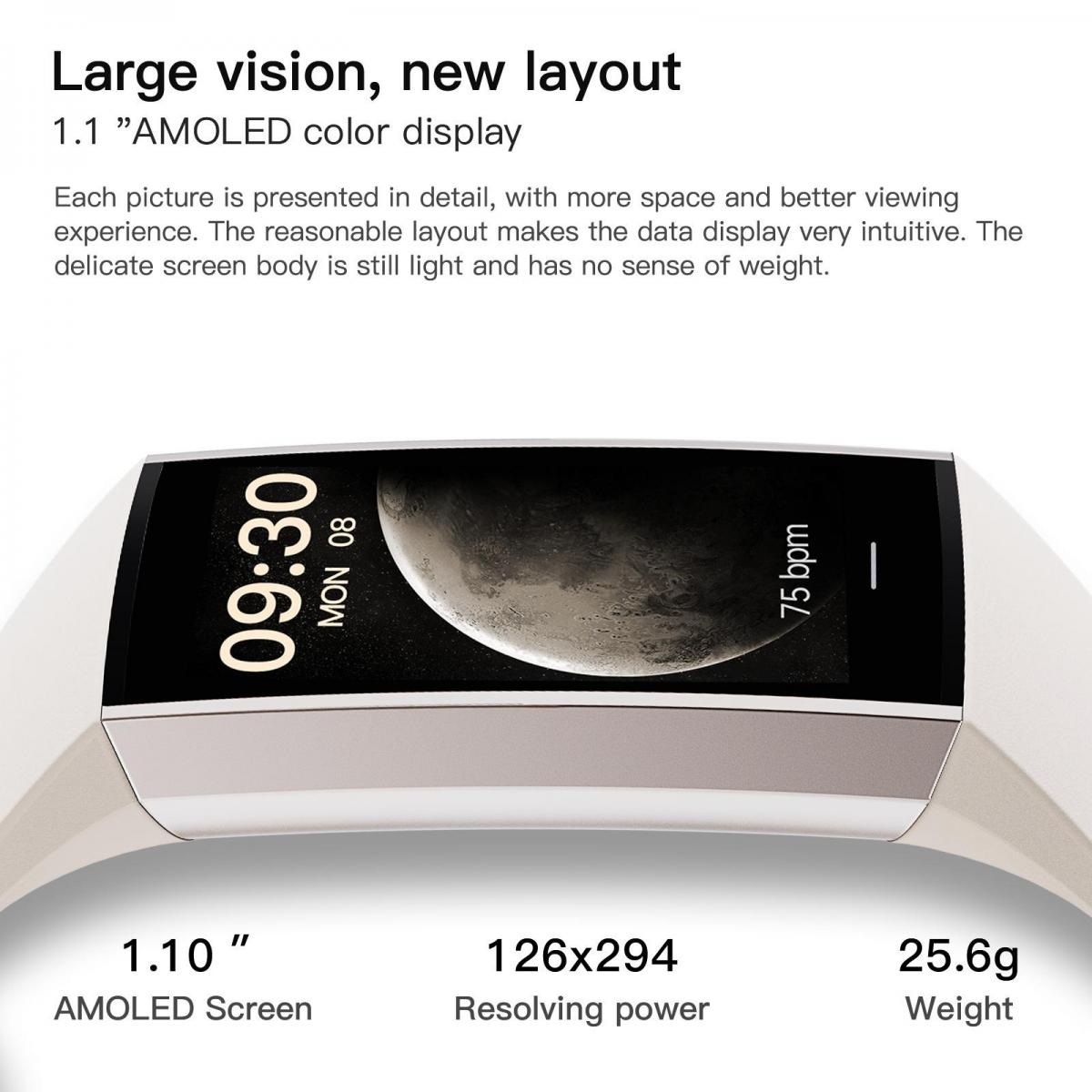 Ein Fitness-Tracker mit AMOLED-Display zeigt 09:30 Uhr und 75 bpm an.
