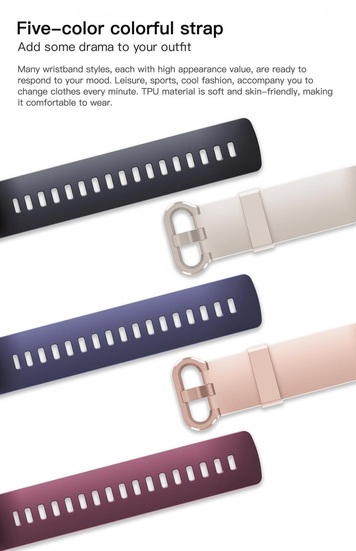 Vier Armbänder in Schwarz, Beige, Blau und Rosa mit Schnallen.