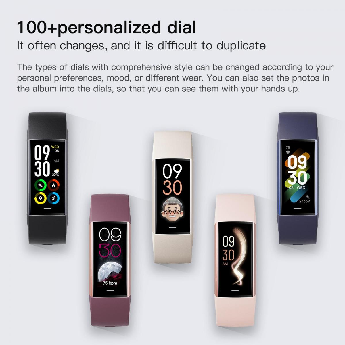 Fünf Fitness-Tracker mit personalisierten Zifferblättern in verschiedenen Farben.