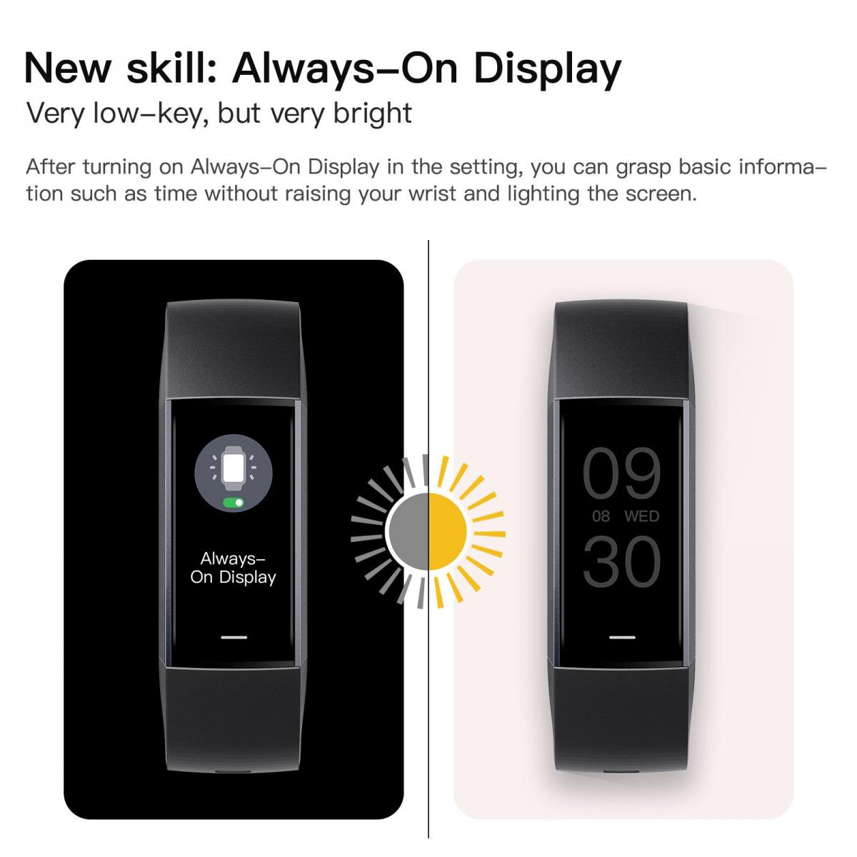 Zwei Fitness-Tracker. Einer zeigt die Einstellung "Always-On Display", der andere die Uhrzeit.