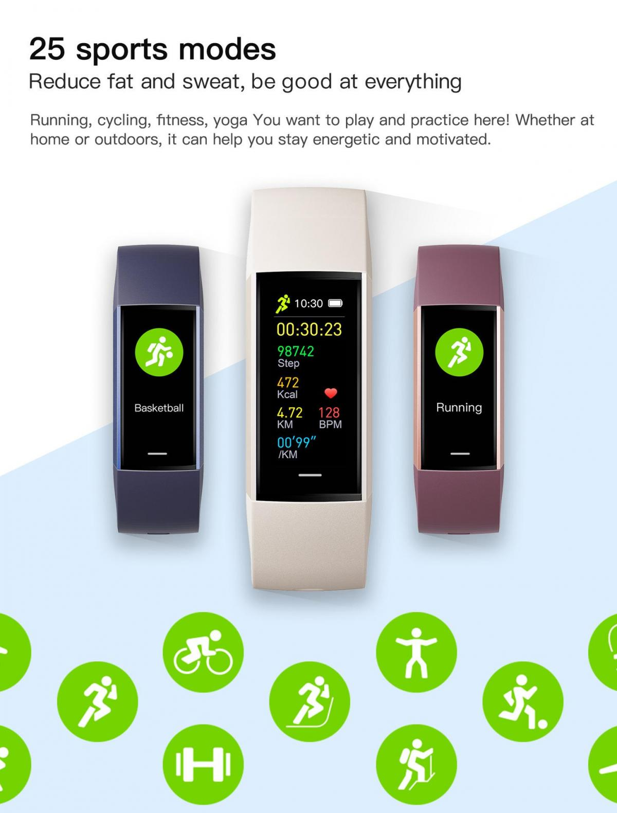 Drei Fitness-Tracker: einer zeigt Basketball, der mittlere zeigt Zeit/Schritte, der rechte zeigt Laufen.