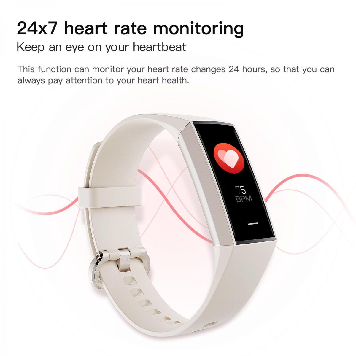 Eine weiße Smartwatch zeigt eine Herzfrequenz von 75 BPM an.