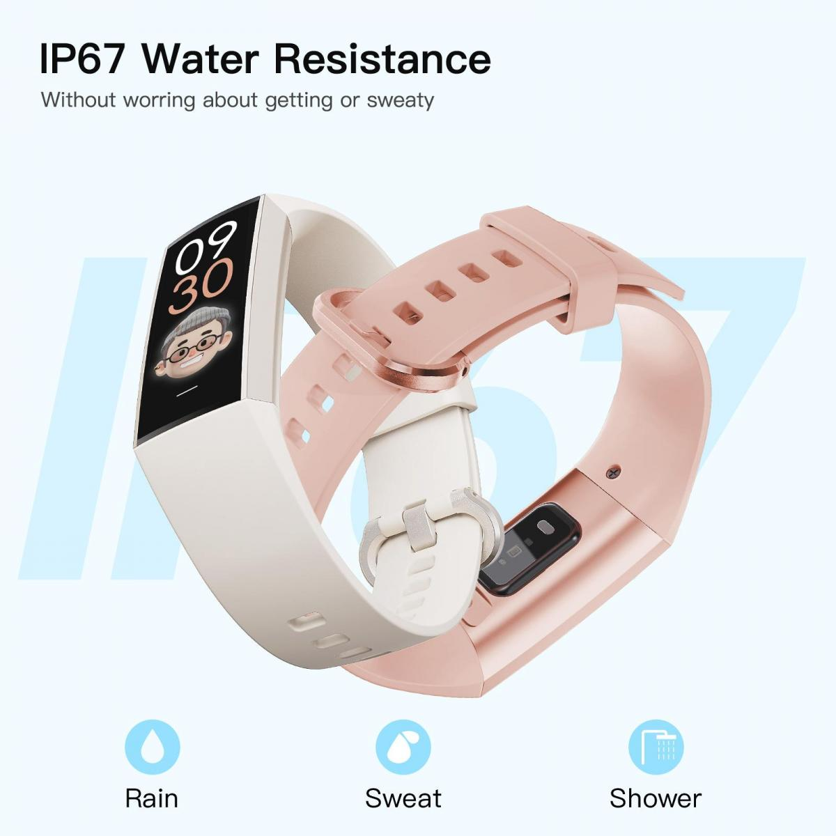 Zwei Fitness-Tracker, einer weiß, einer rosa, mit IP67-Wasserbeständigkeit.