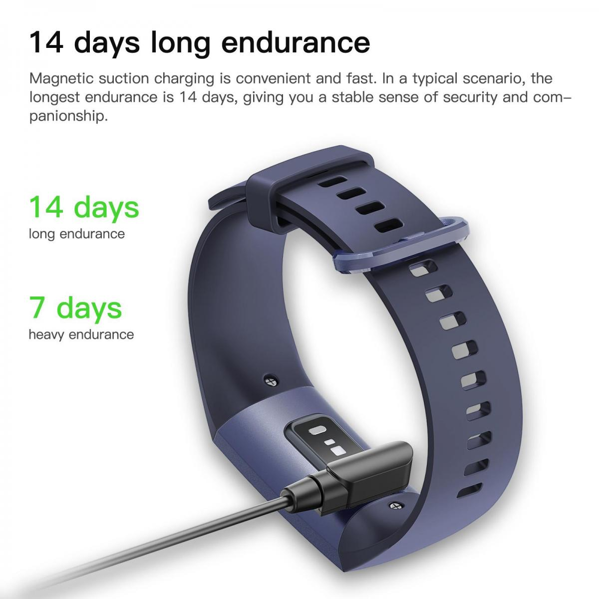 Ein dunkles Fitnessarmband wird magnetisch geladen, mit Text über Ausdauer.