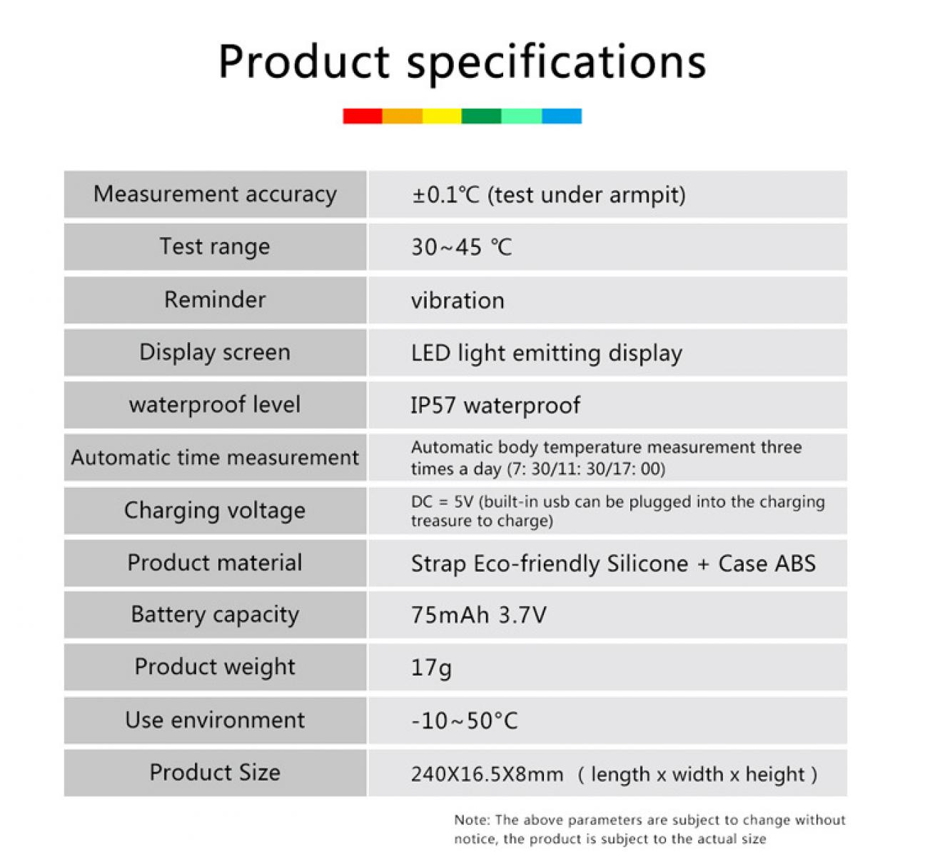 Produktspezifikationstabelle: Genauigkeit, Bereich, Erinnerung, Anzeige, Wasserdichtigkeit, Aufladung, Material, Akku, Gewicht, Umgebung, Größe.