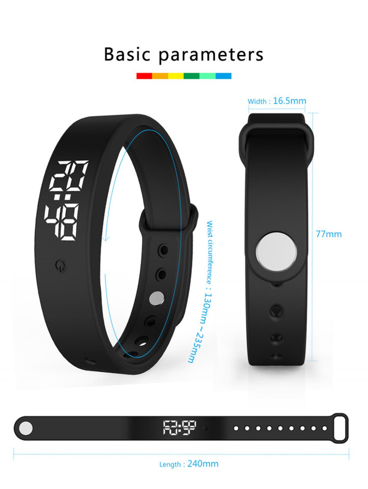 Schwarzer Fitnesstracker mit digitaler Zeitanzeige, zeigt 20:48 Uhr. Maße angegeben.