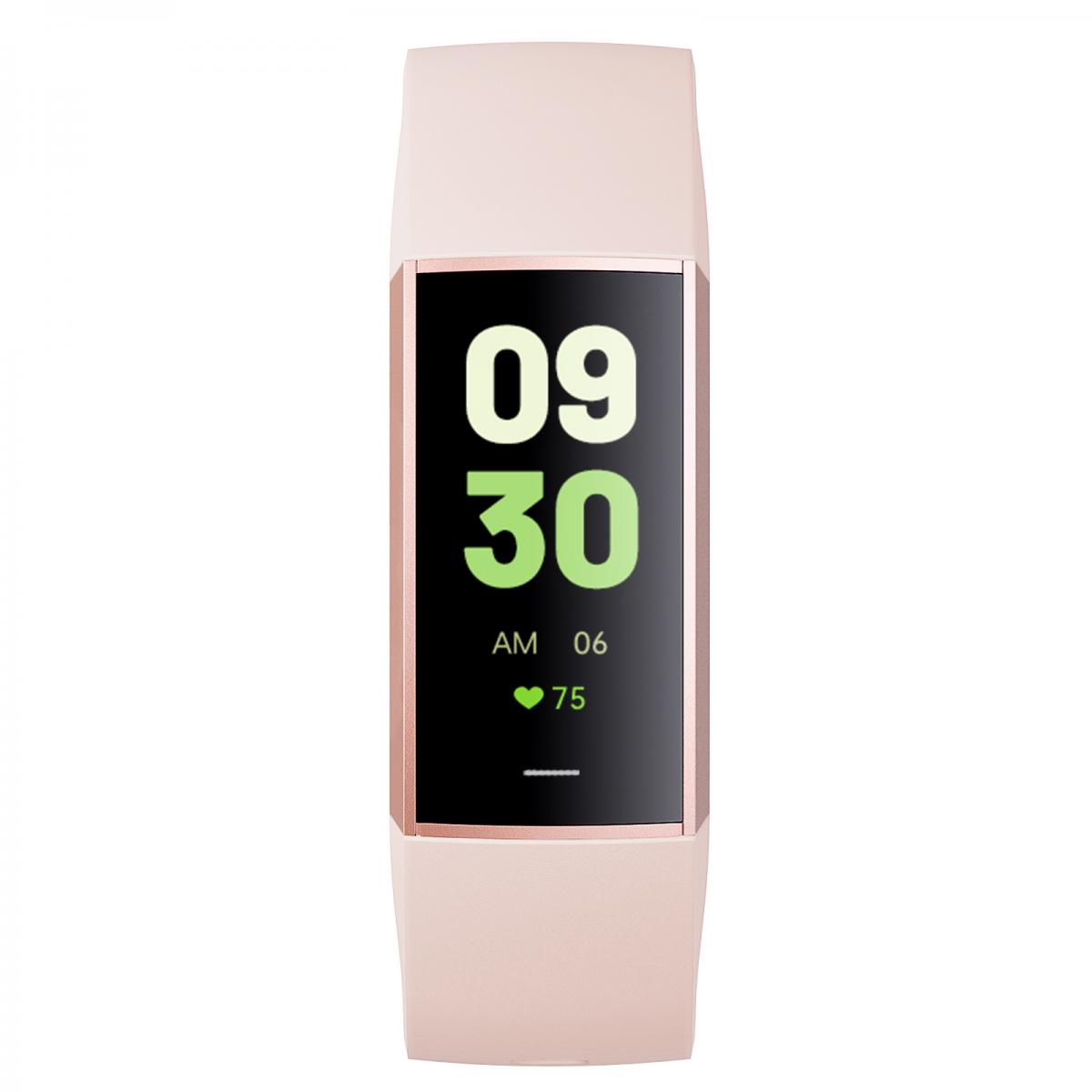 Ein rosafarbener Fitness-Tracker mit schwarzem Bildschirm zeigt 09:30 AM 06 und Herzfrequenz 75.