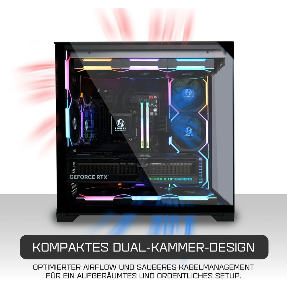 RGB fanlı ve GeForce RTX ekran kartlı aydınlatılmış bir bilgisayar.