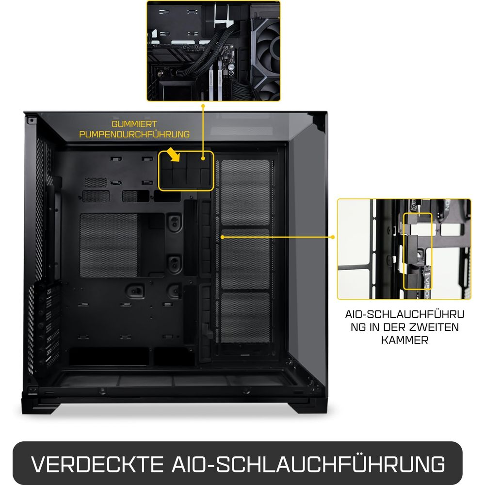 Kablo yönetimine odaklanan siyah bir PC kasasının içi.
