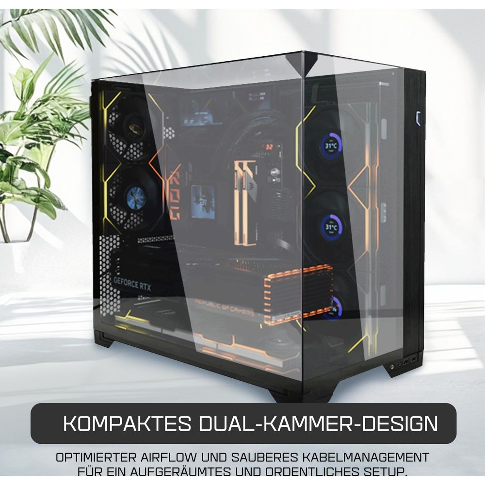 Cam panelli, fanlar ve RGB aydınlatmalı siyah bir PC kasası.
