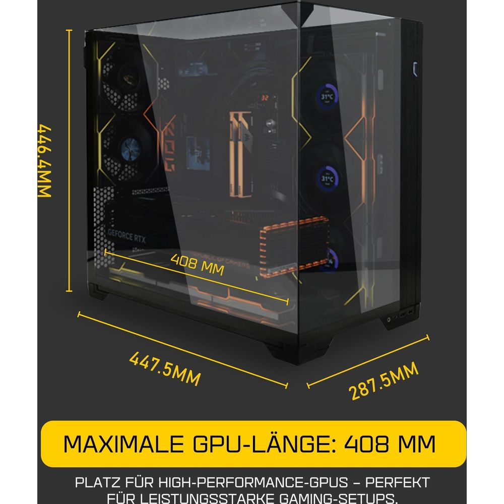 Boyutları ve 408 mm maksimum GPU uzunluğu olan bir PC kasası.