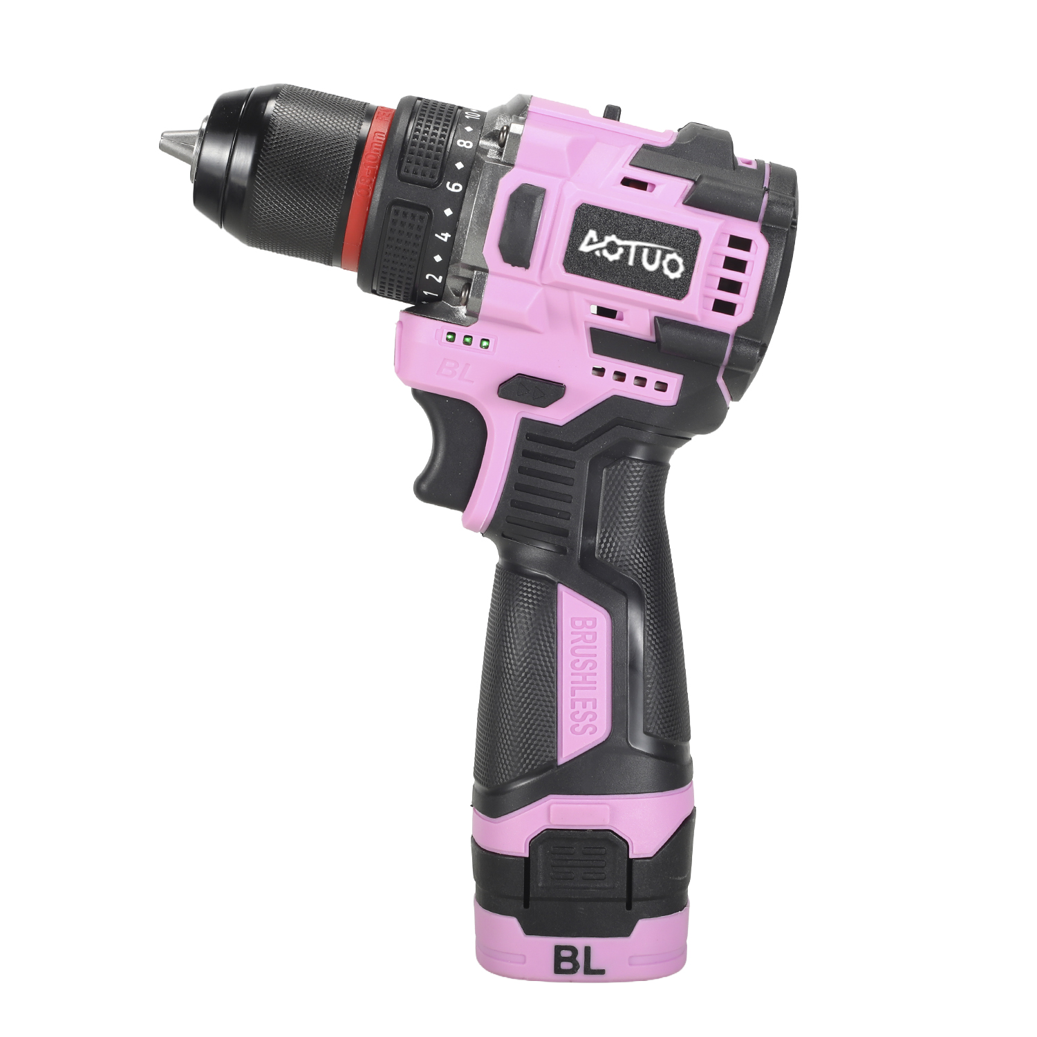 Un taladro inalámbrico rosa con mango negro y detalles.