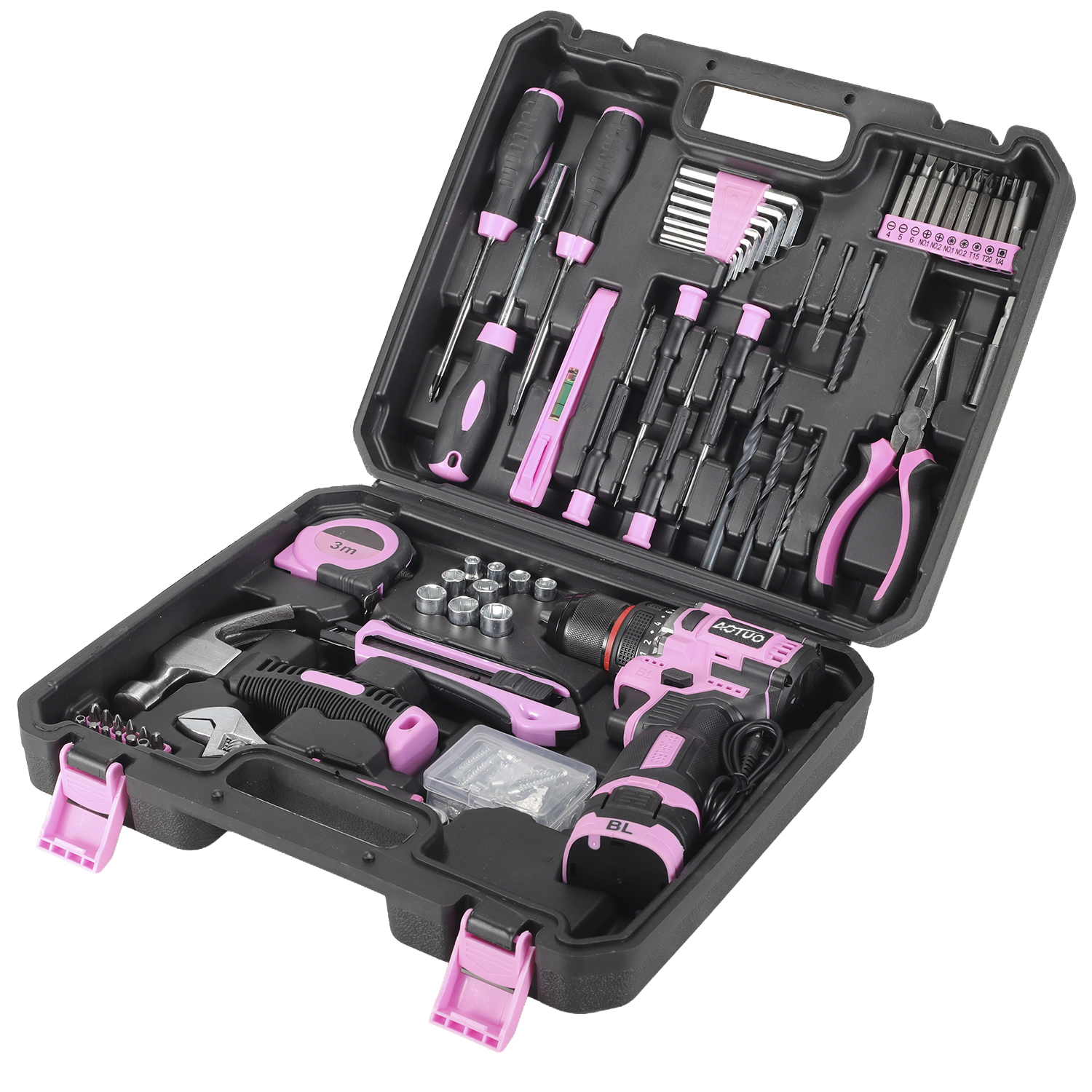 Un kit de herramientas rosa y negro abierto, mostrando un taladro, destornilladores, alicates, martillo y llaves Allen.
