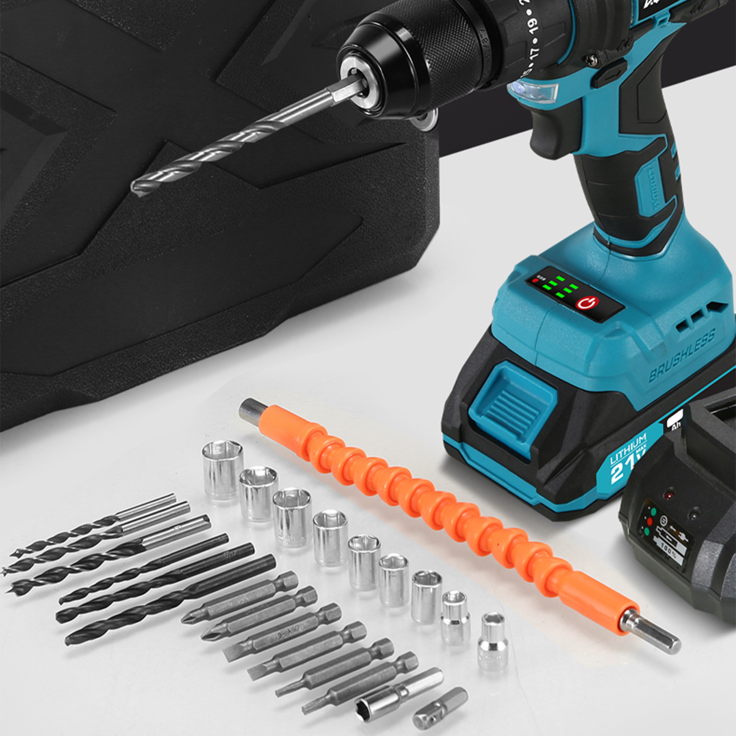 Un taladro inalámbrico con accesorios, incluyendo brocas, vasos y una barra de extensión flexible.