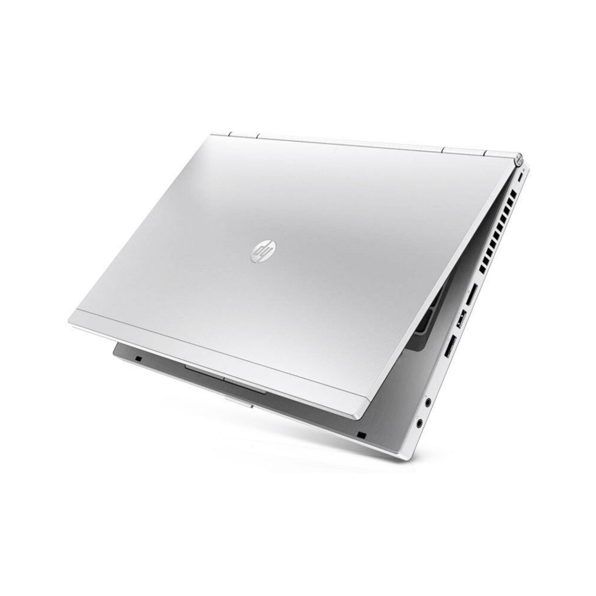 Ein silberner HP Laptop, teilweise geöffnet, mit dem Logo auf dem Deckel.