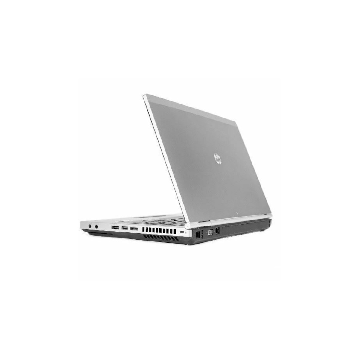 Ein silberner HP Laptop, von der Seite gesehen, mit geöffnetem Bildschirm.