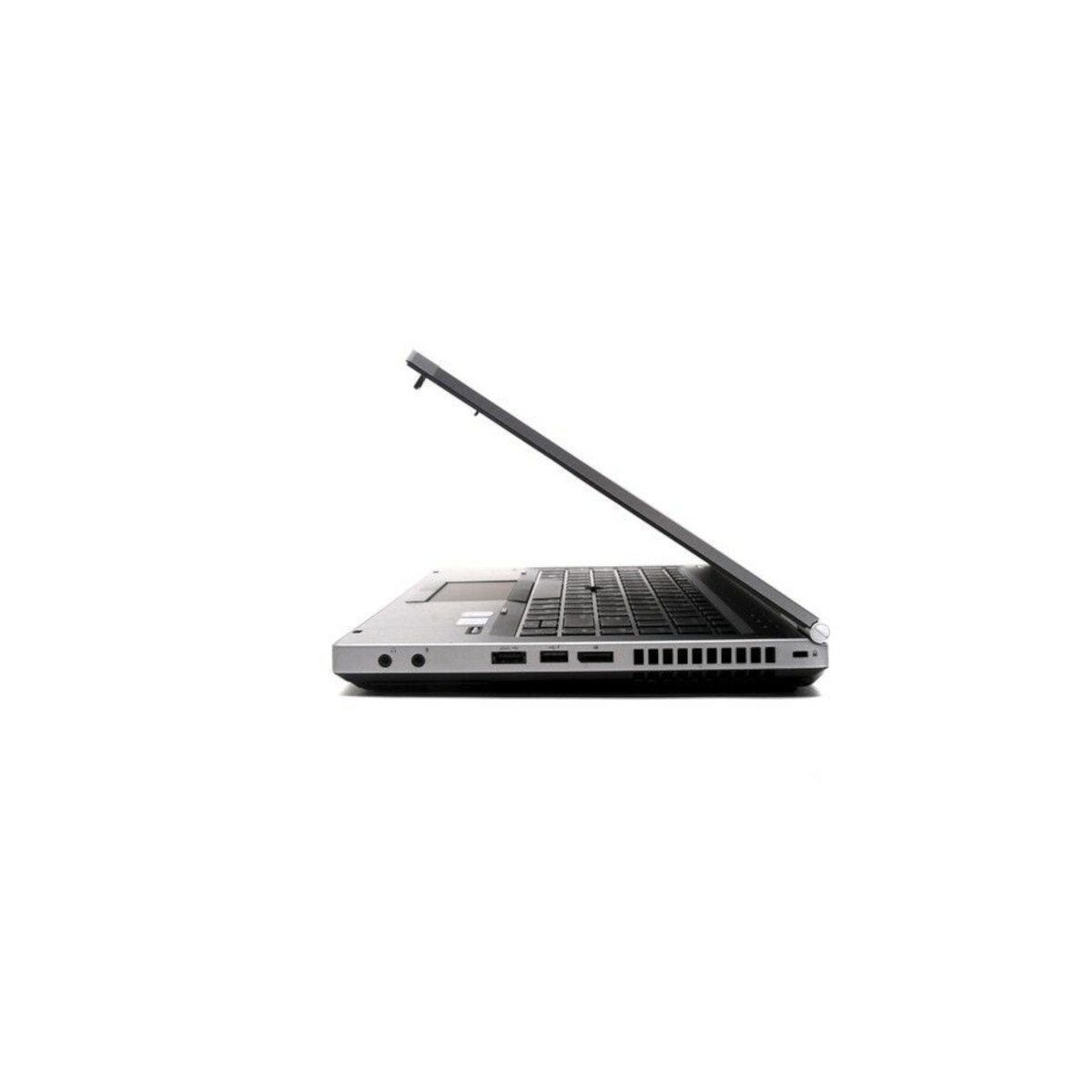 Ein offener Laptop im Profil auf weißem Hintergrund.