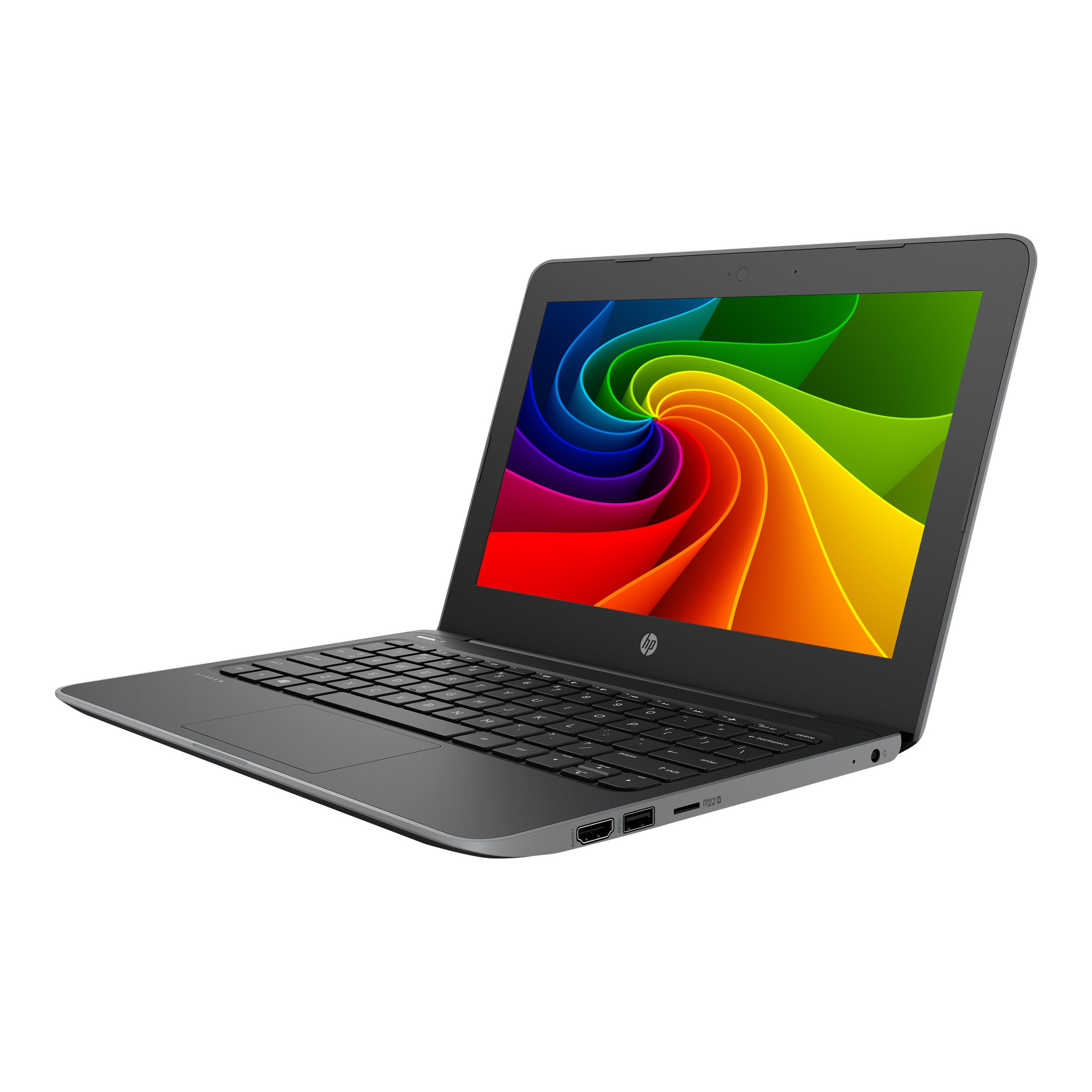 Ein offener grauer Laptop mit einem bunten, wirbelnden Muster auf dem Bildschirm.