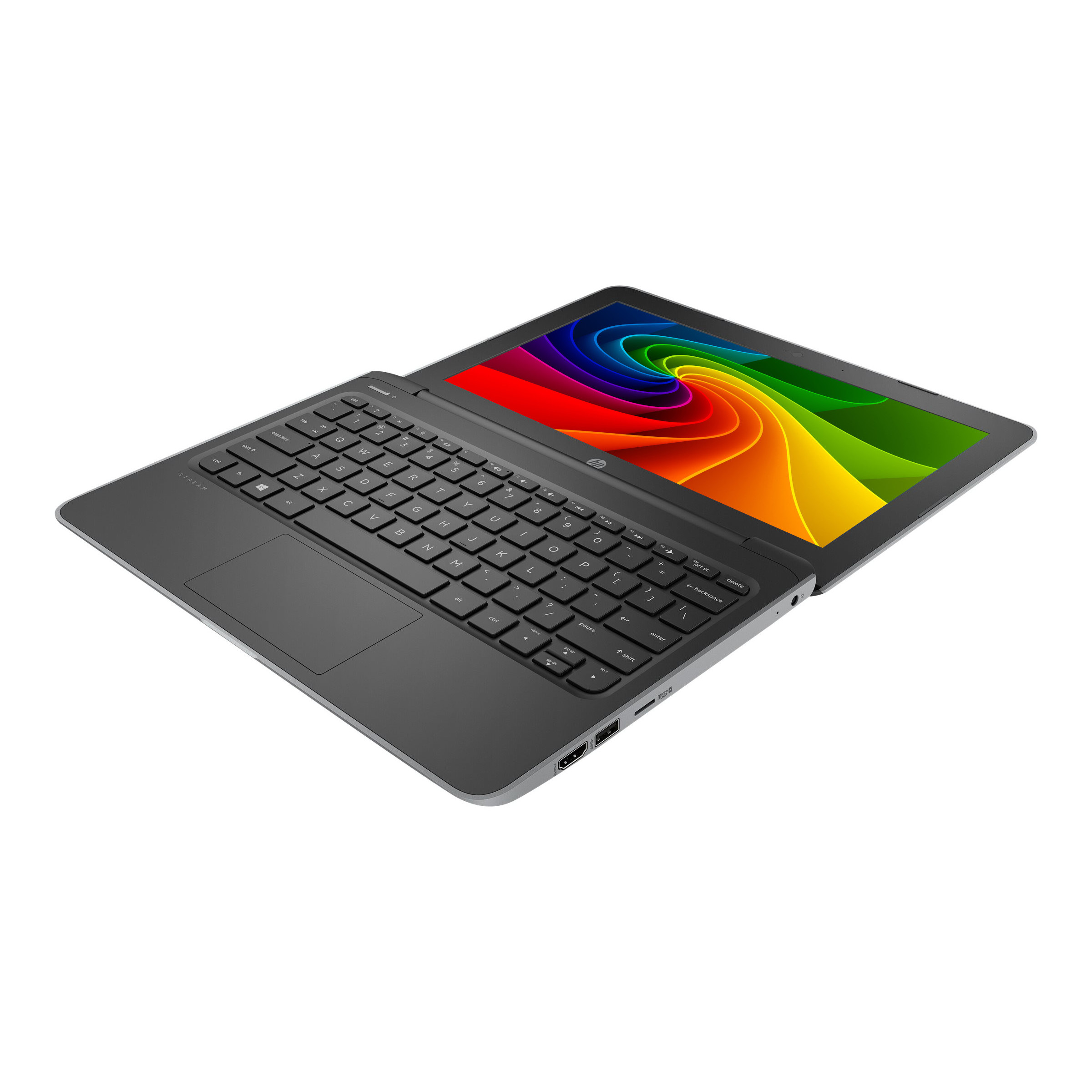 Ein graues HP Stream Laptop mit Tastatur und einem farbenfrohen Hintergrundbild.