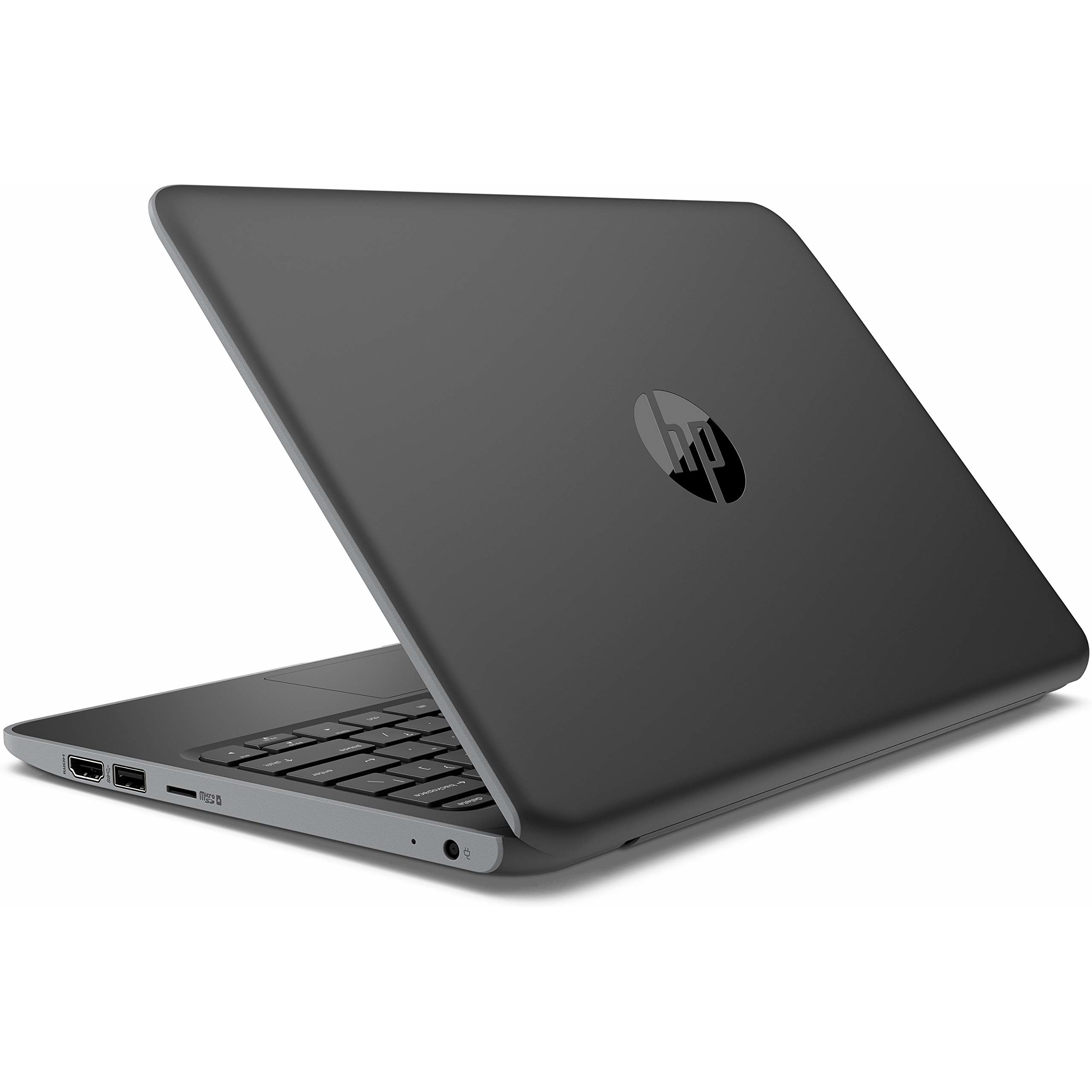 Ein geschlossener, dunkler HP Laptop mit dem Logo auf der Oberseite, Ansicht von schräg hinten.