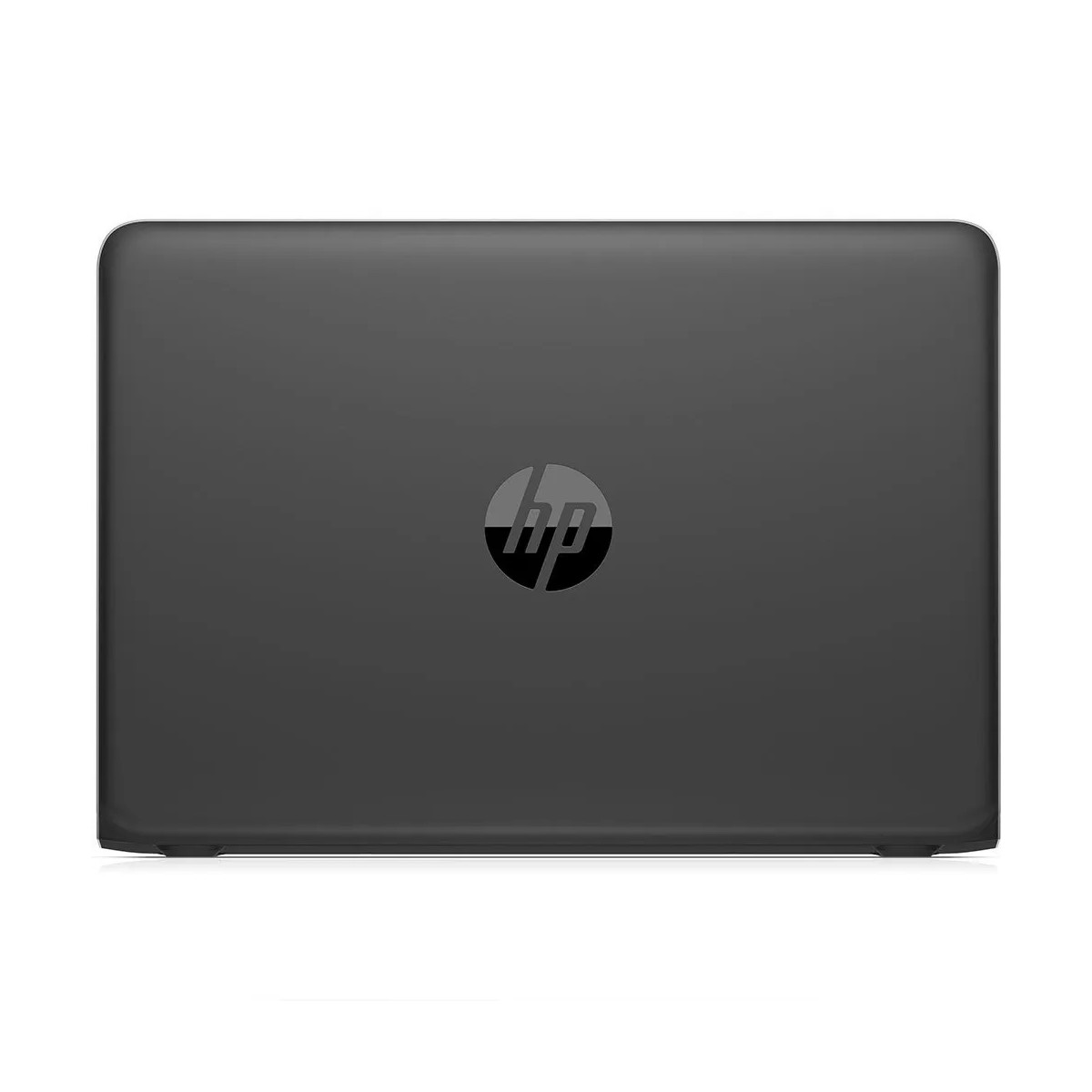 Geschlossener dunkler HP Laptop mit Logo auf dem Deckel, isoliert auf Weiß.