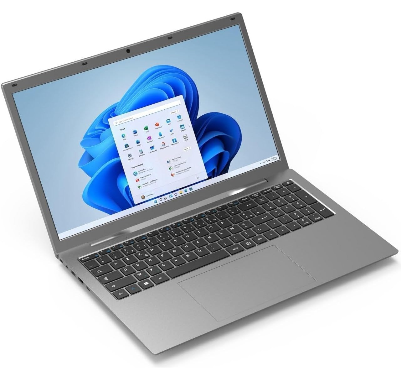 Ein silberner Laptop mit einem geöffneten Startmenü auf dem Bildschirm.