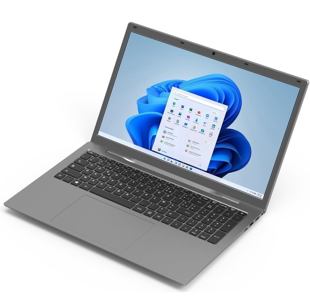 Ein geschlossener grauer Laptop mit Windows 11 auf dem Bildschirm.