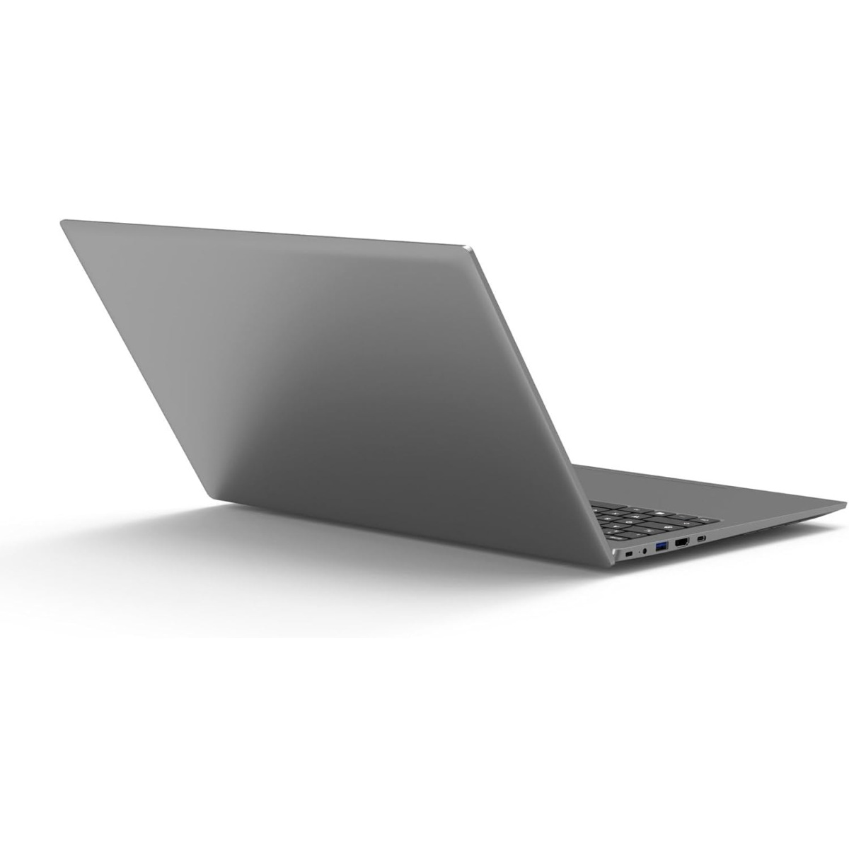 Ein graues, geschlossenes Laptop von der Seite, mit Tastatur und Anschlüssen sichtbar.