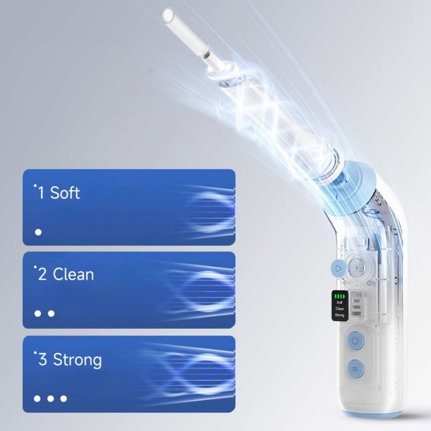 Wasserflosser mit 3 Modi: Sanft, Reinigen, Stark. Blauer Lichtstrahl aus Düse.
