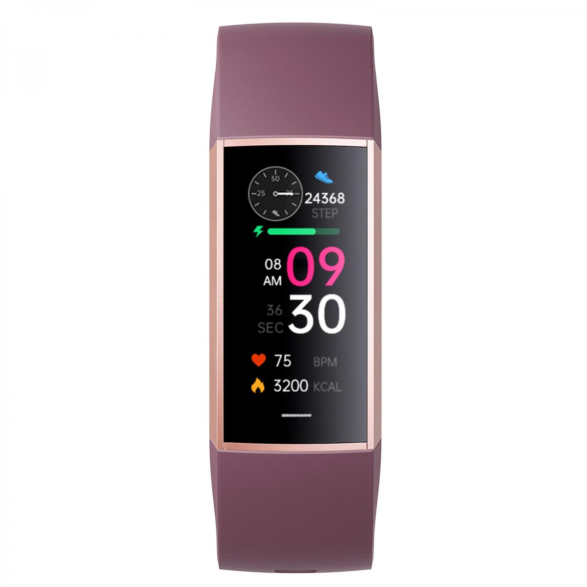 Ein lila Fitness-Tracker zeigt Uhrzeit, Schritte, Herzfrequenz und Kalorien an.
