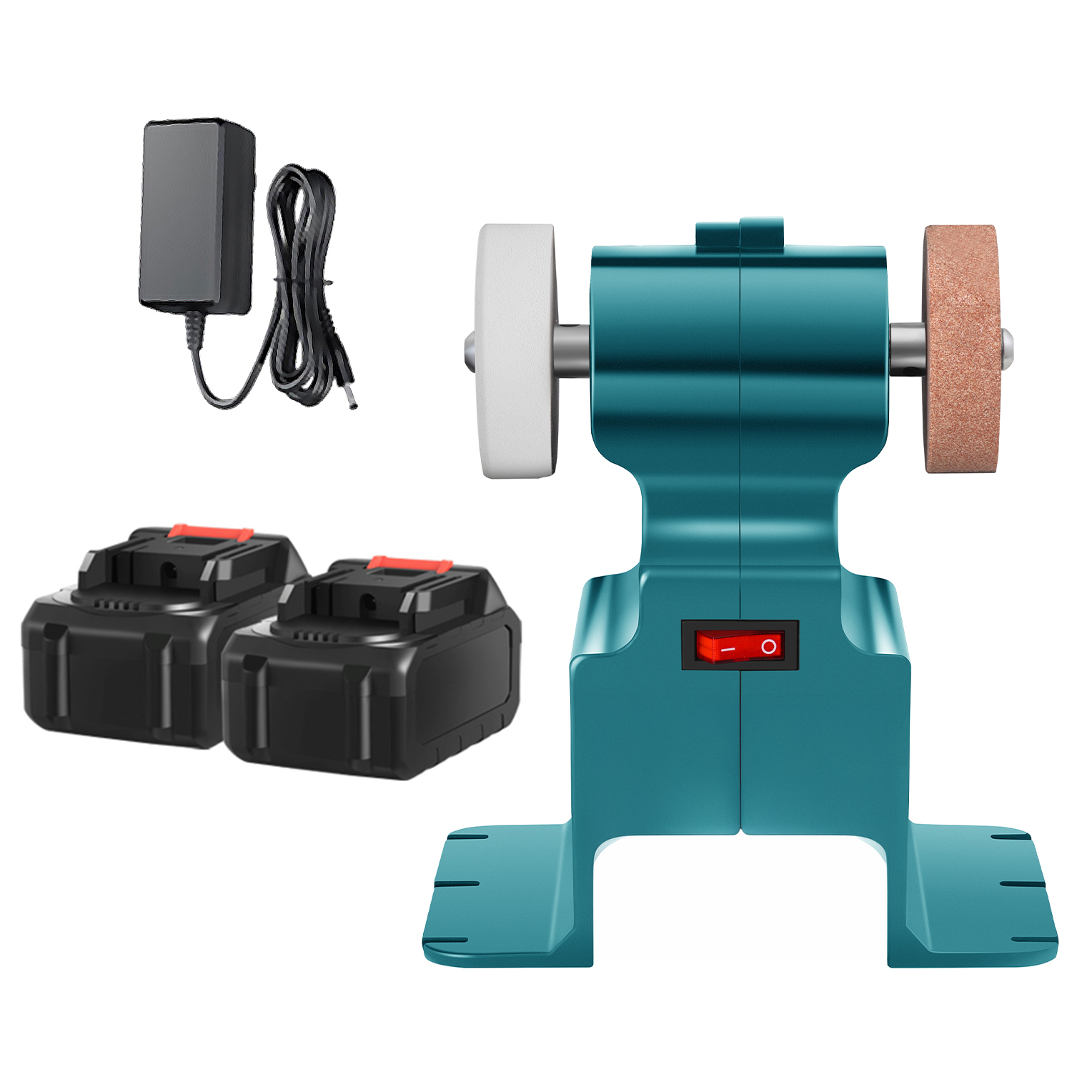Amoladora turquesa con dos ruedas, dos baterías y un adaptador de corriente.
