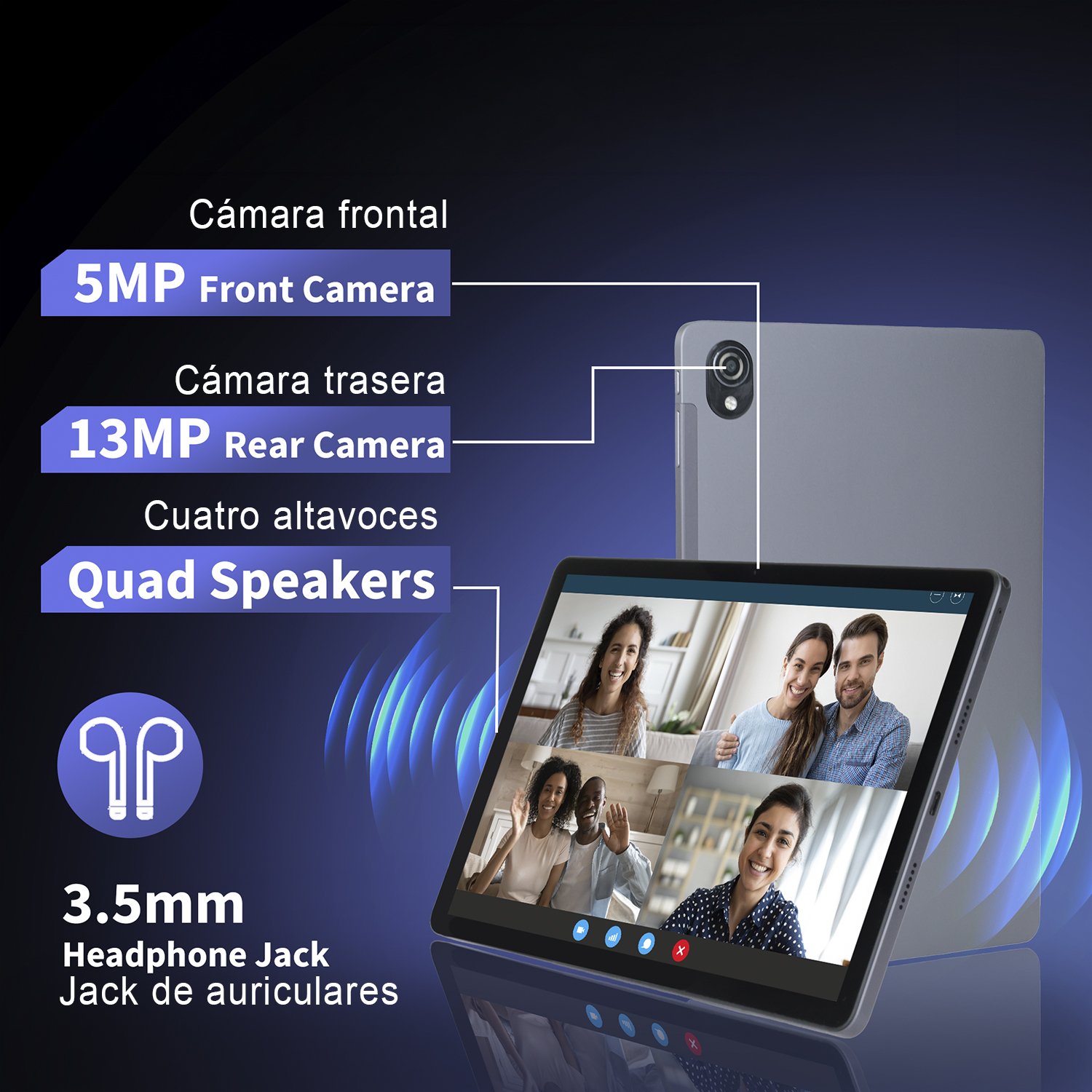 Tablet mostra videochiamata, evidenzia fotocamere 5MP frontale, 13MP posteriore, audio.