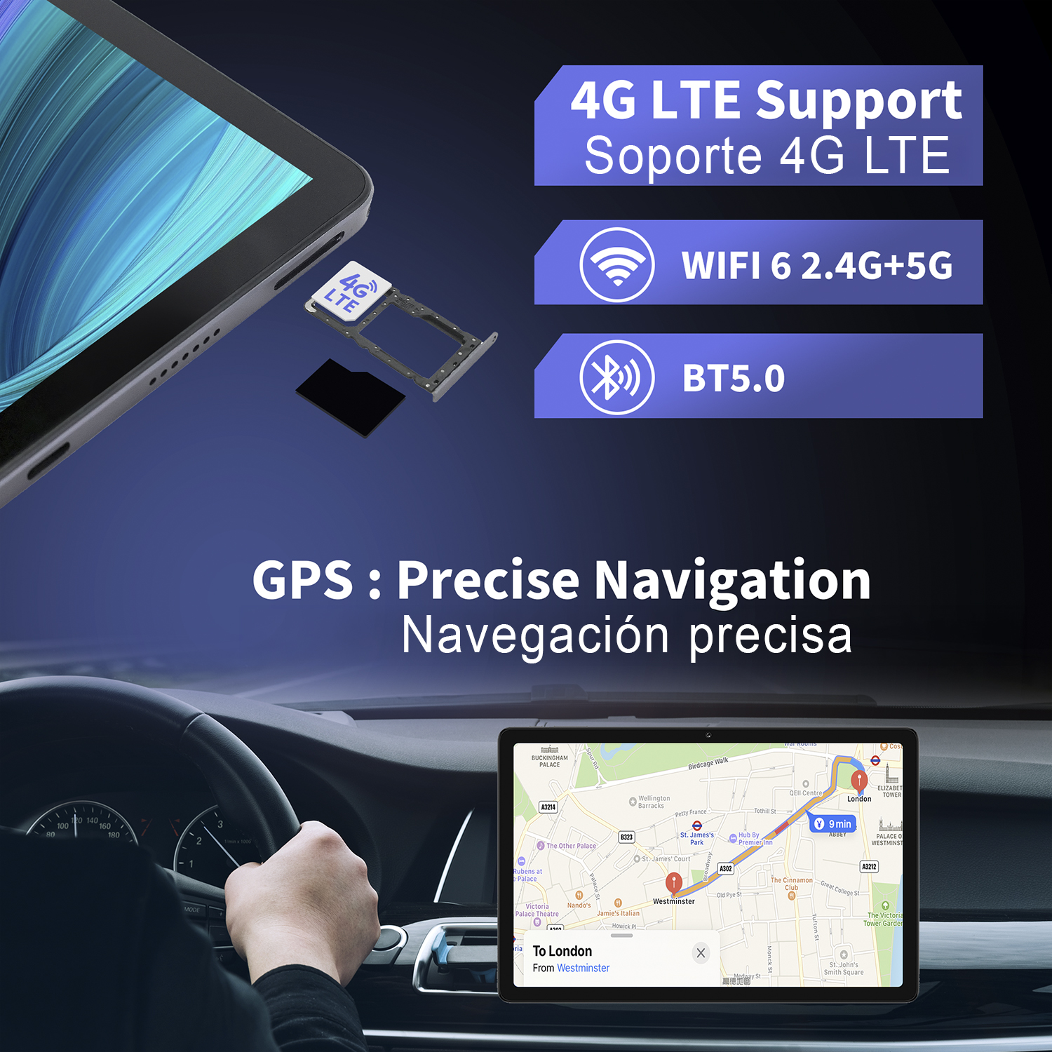 Un tablet mostra 4G LTE, WiFi 6, BT 5.0 e navigazione GPS in un'auto.