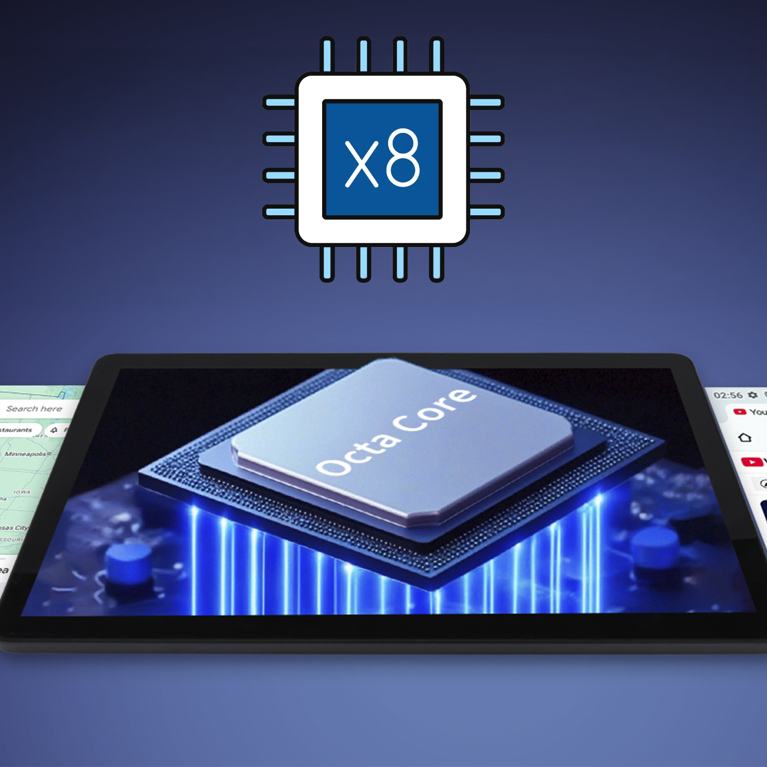 Immagine di un processore con l'etichetta "Octa Core" su un tablet.