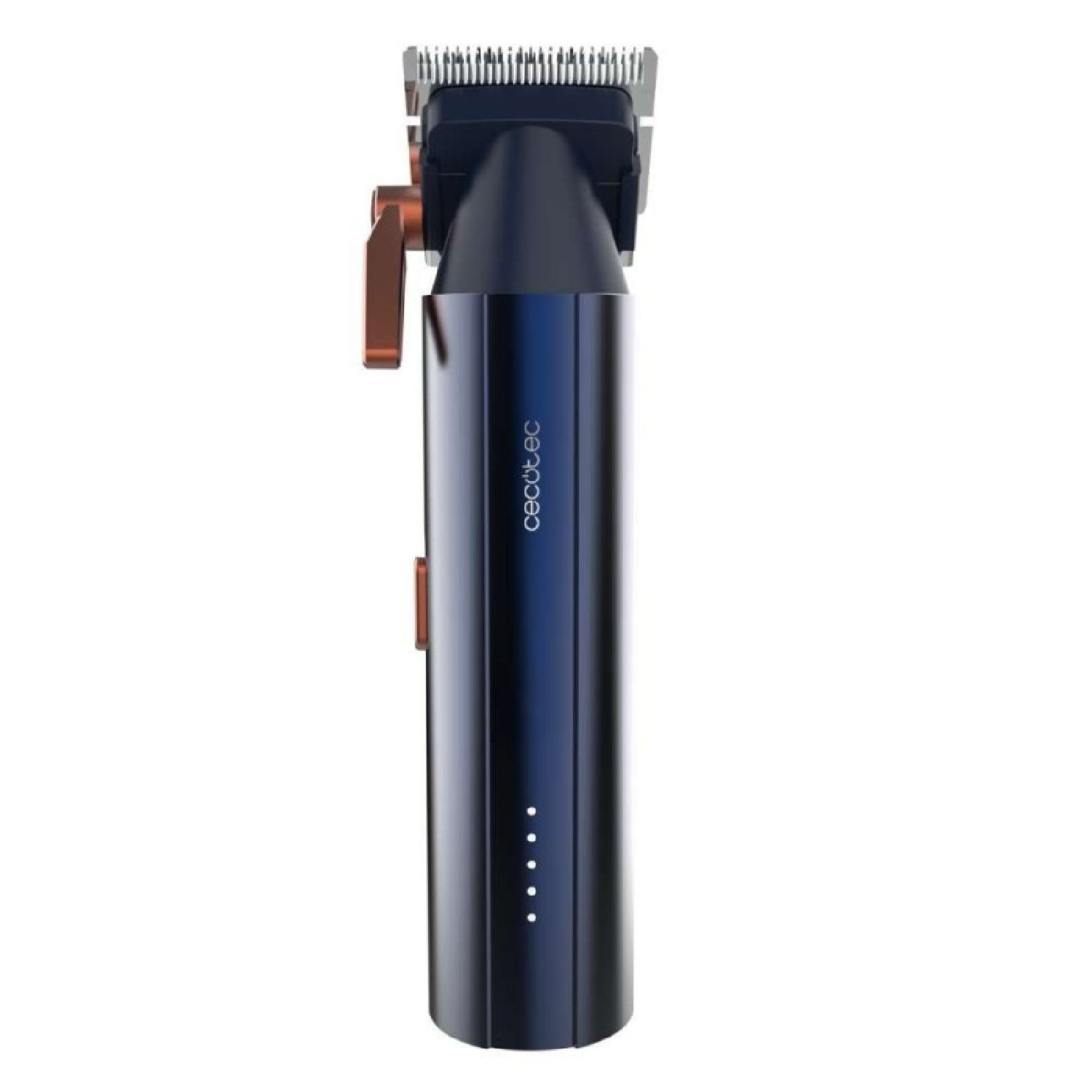 Dunkelblauer Haarschneider mit kupferfarbenem Hebel und LED-Batterieanzeige.