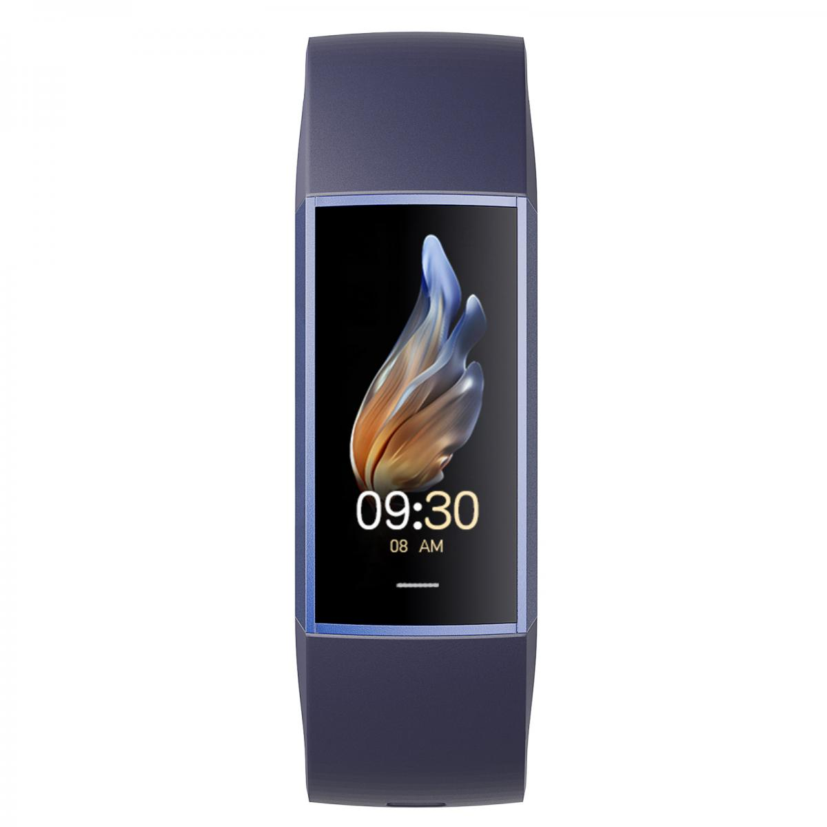 Dunkelblaues Fitnessarmband mit einem bunten Flammen-Zifferblatt und 09:30 Uhr.