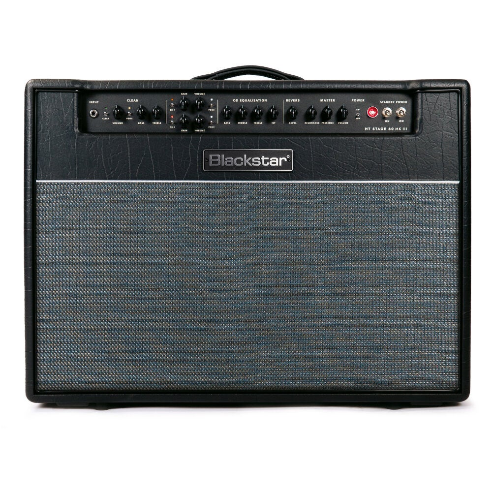 Zwarte Blackstar gitaarversterker met zilveren luidsprekergrill en textuurafwerking.