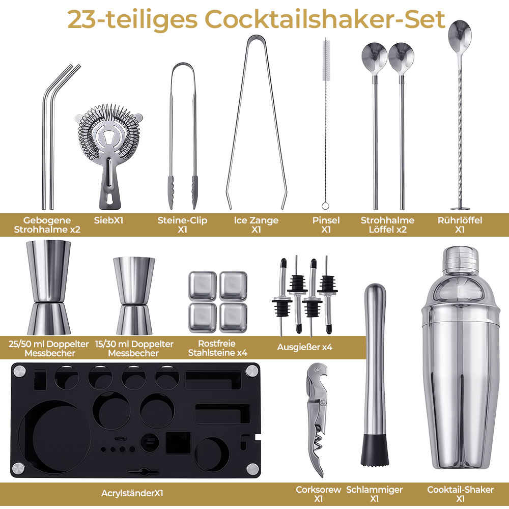 Ein 23-teiliges Cocktailshaker-Set mit Zubehör aus Metall und Acryl.