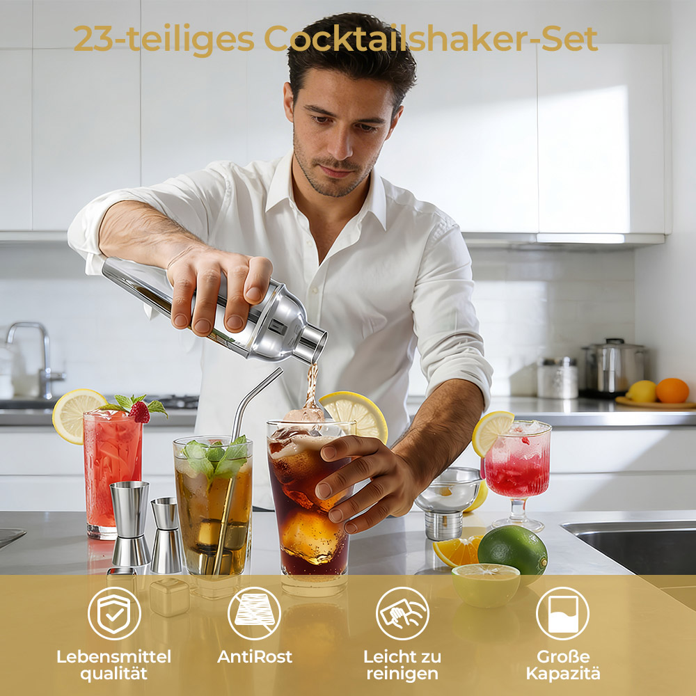 Mann gießt Cocktail aus Shaker in Glas. Mehrere Cocktails, Früchte und Barzubehör sind zu sehen.
