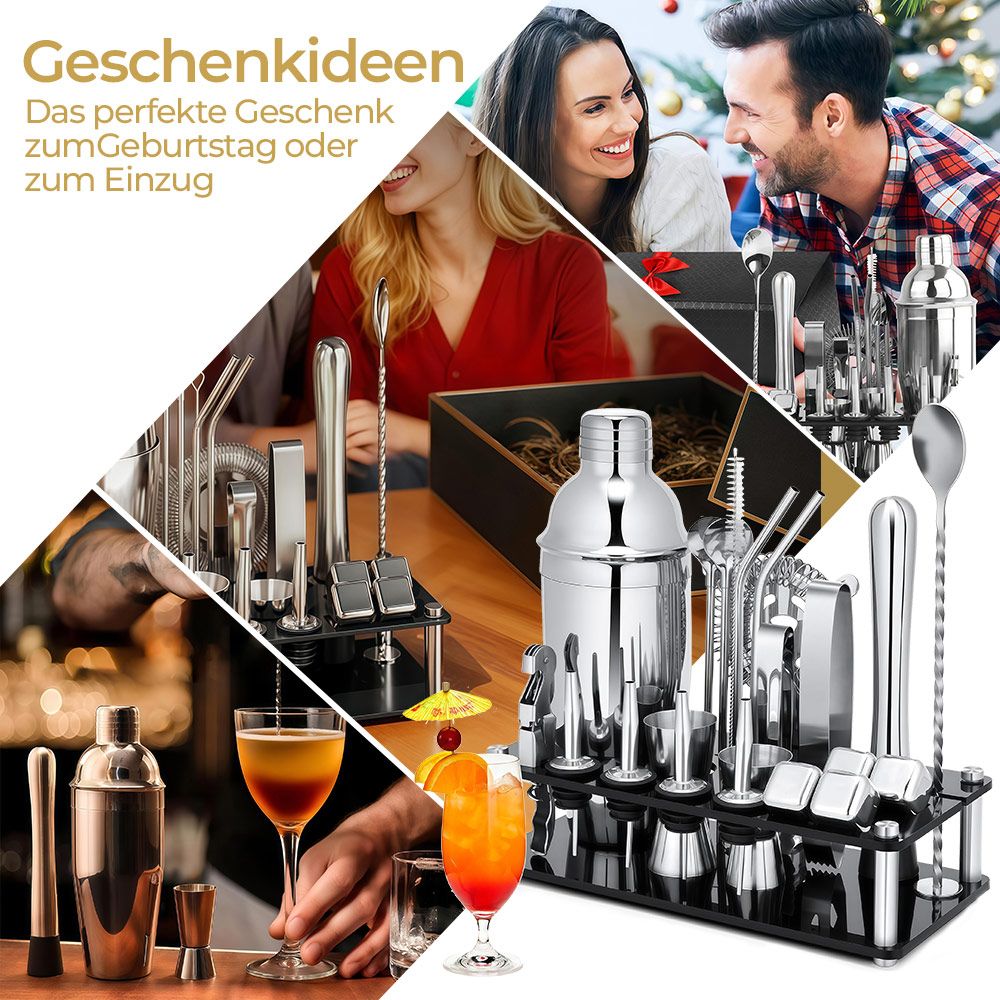 Ein Mann und eine Frau lächeln sich an. Cocktail-Zubehör auf einem Tresen.