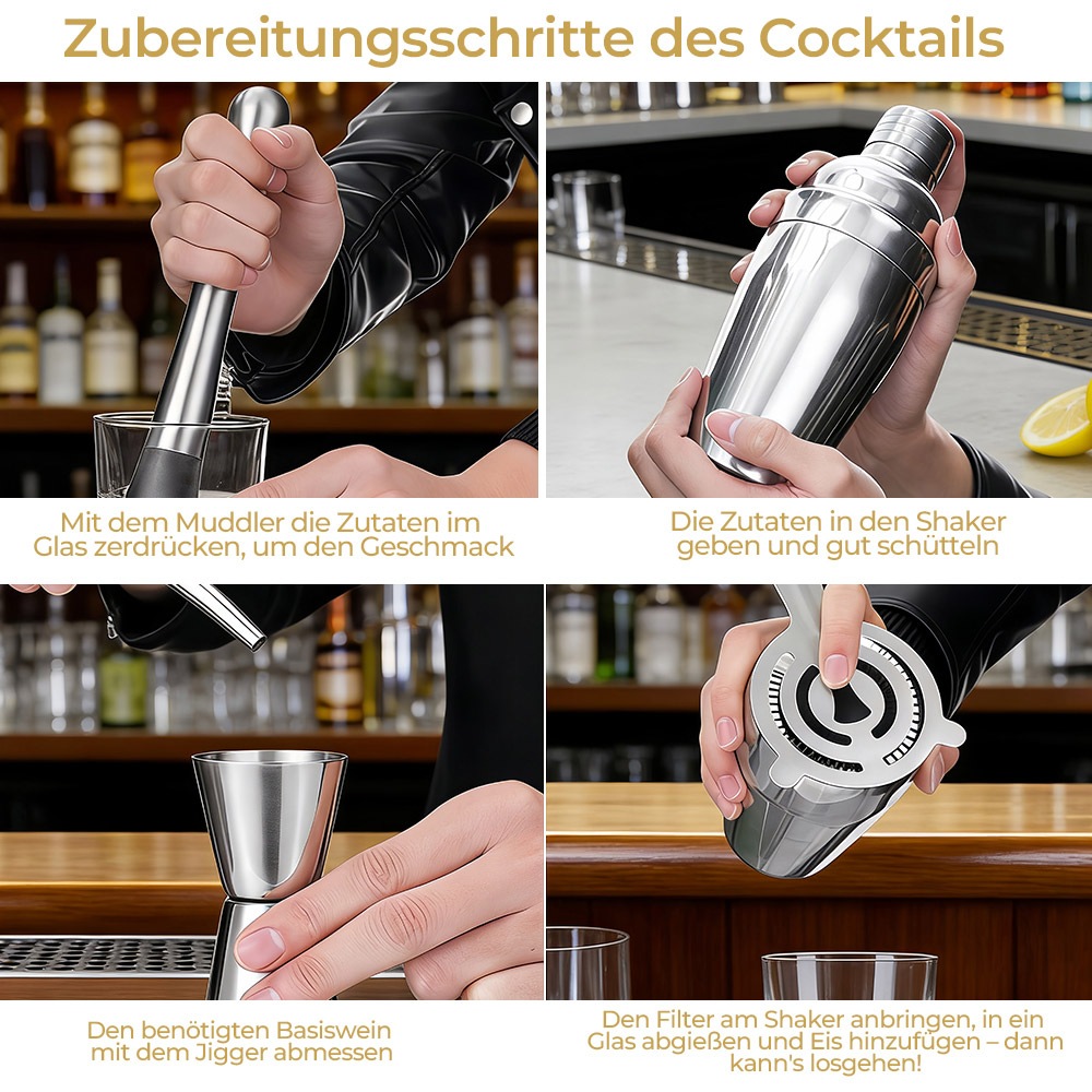 Schritte der Cocktailzubereitung: Zutaten zerdrücken, schütteln, abmessen, filtern.