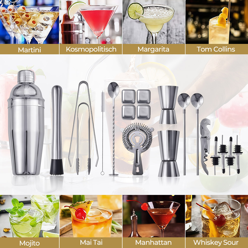 Cocktails und Barwerkzeuge: Martinis, Margaritas, Mojitos, Manhattans, Mai Tais, Tom Collins.