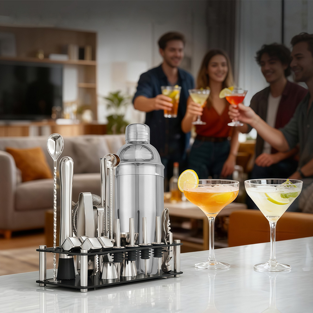 Ein Cocktail-Set auf einer Arbeitsplatte, Leute trinken im Hintergrund.