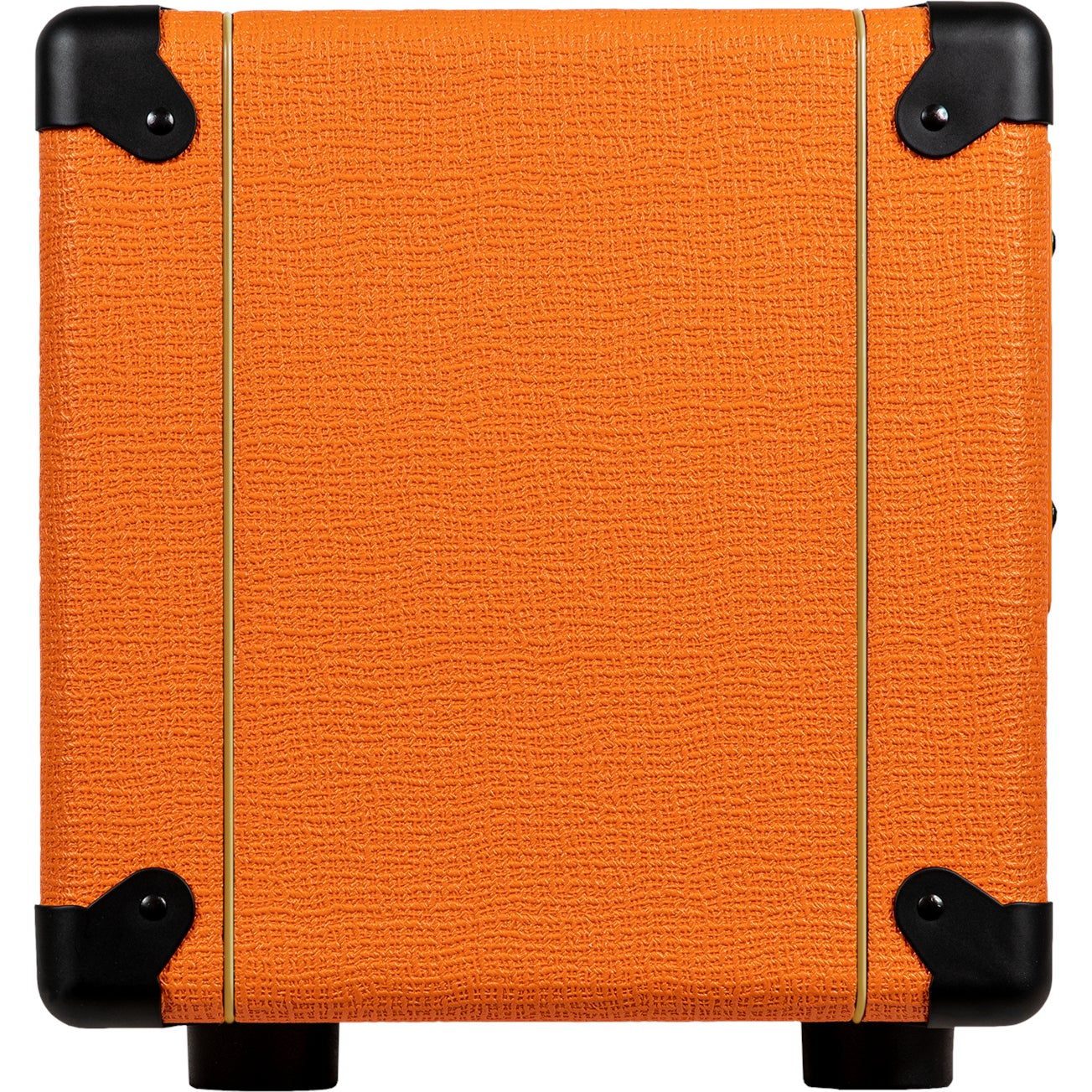 Oranje gitaarversterker met zwarte hoeken en voetjes.