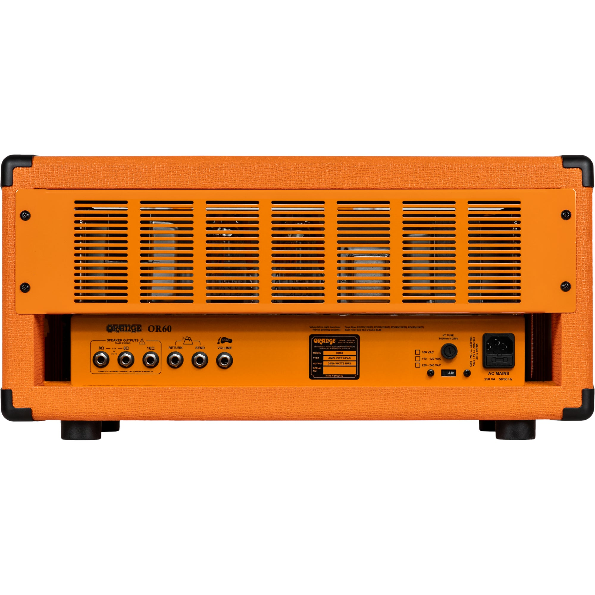 Achterkant van een oranje gitaarversterkerkop met diverse ingangen, uitgangen en buizen.