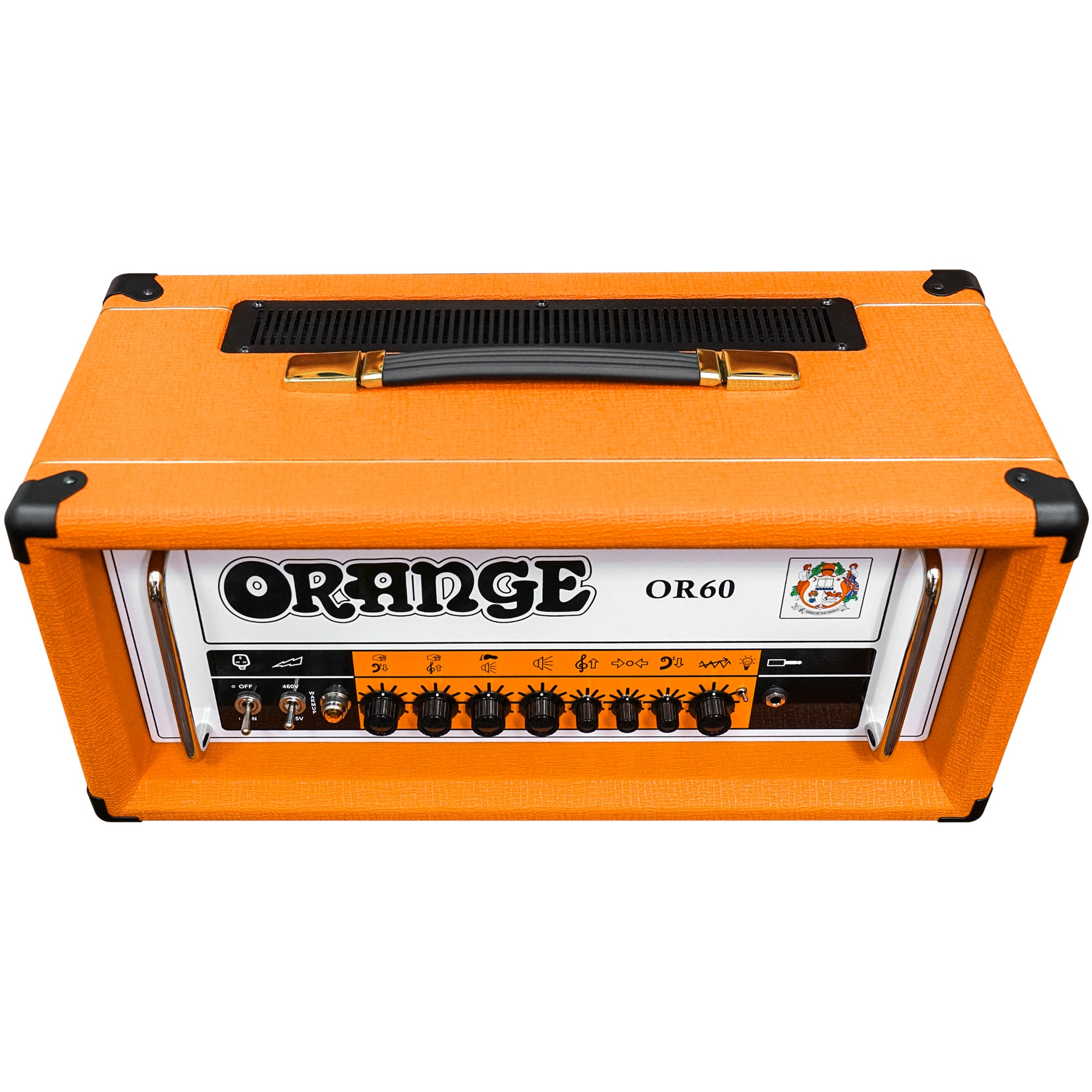 Orange OR60 gitaarversterker met zwarte knoppen en zilveren bedieningselementen.