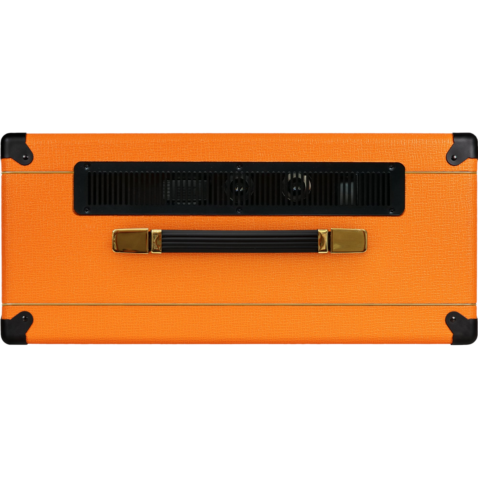 Een oranje gitaarversterkerkop met zwart ventilatierooster en handvat.