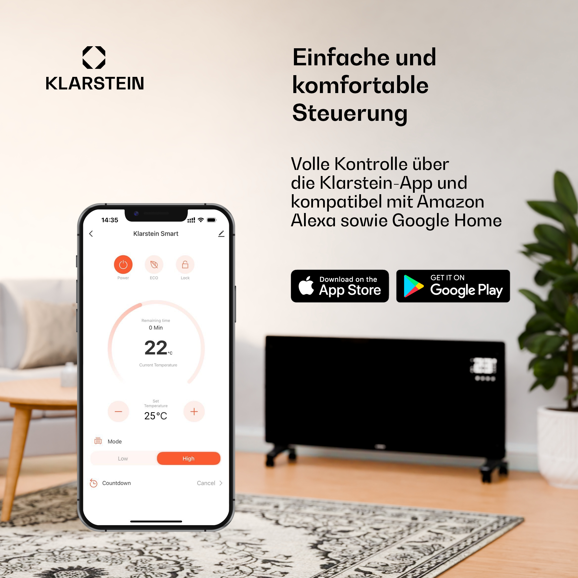 Controllo del riscaldatore Klarstein Smart tramite app. Uno smartphone mostra la temperatura.