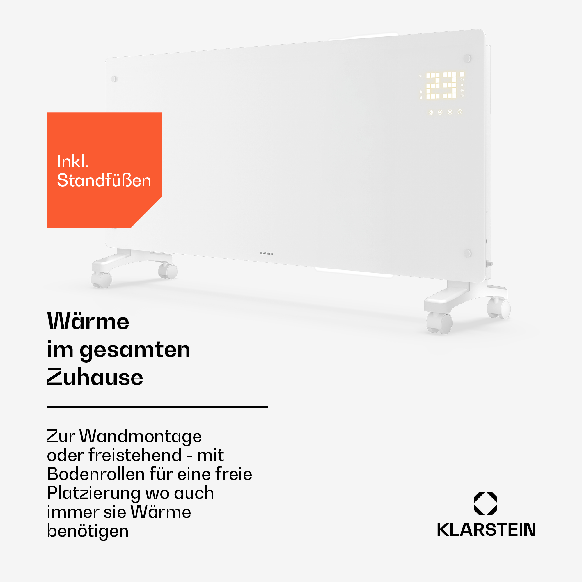Un radiatore bianco con ruote e display digitale su sfondo grigio.