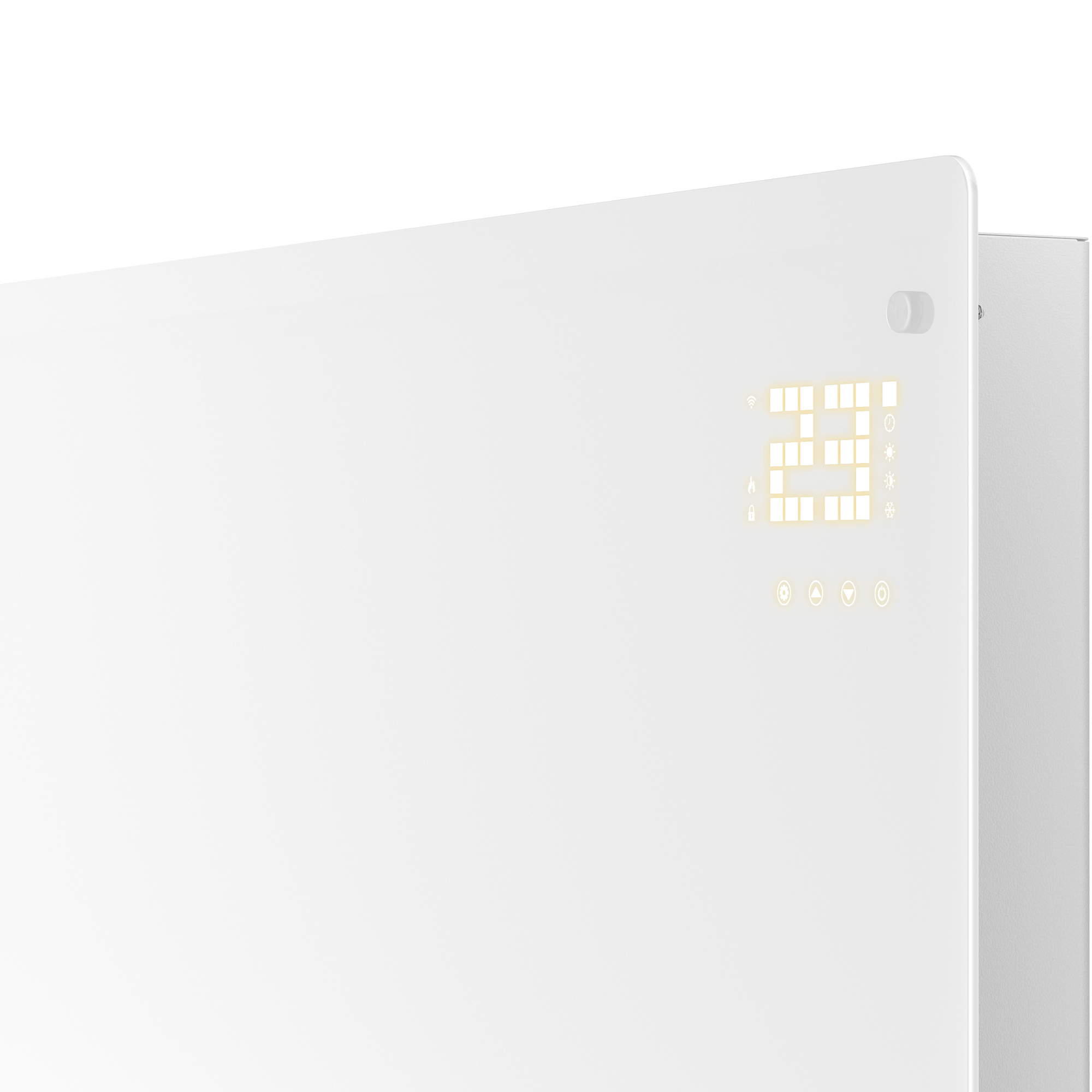 Un pannello bianco con display digitale che mostra '23' e varie icone come Wi-Fi, fiamma, lucchetto e impostazioni di temperatura.